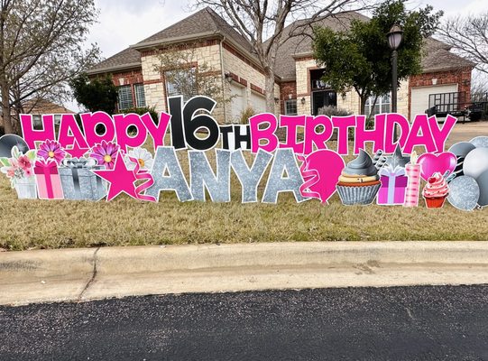 Happy Birthday Yard Sign with Pink and Silver letters