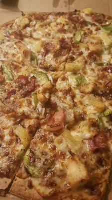 BBQ chicken with bacon, onions, green peppers, and pineapple