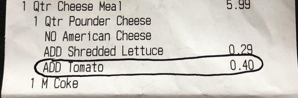 Cost me .69 to add lettuce and tomato to my quarter pounder... ok, but the .40 tomato was missing from my sandwich. (Ugh)