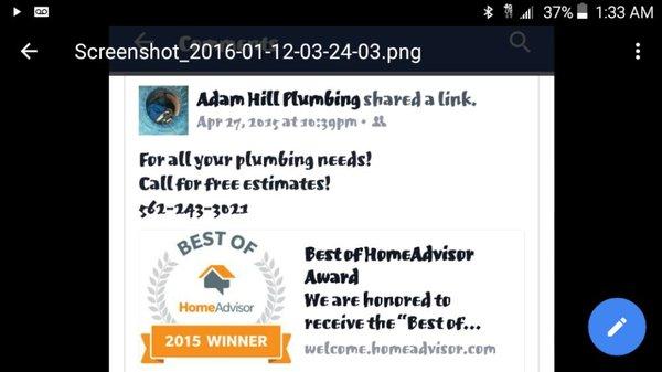 Adam Hill Plumbing was given the prestigious "Best of Home Advisor Award" in 2015!