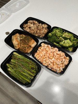 Asparagus, shrimp, salmon, broccoli, chicken