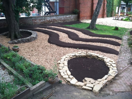 woodland garden at Volt in downtown Frederick - rain garden, raised beds, and swales on contour