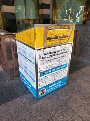 Ballot box. Sidewalk level. Northeast corner of 7th and Figueroa.