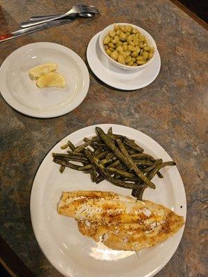 Oiled up and no longer nutrition filled green beans, "haddock" that looked and suspiciously tasted like talpia or flounder.