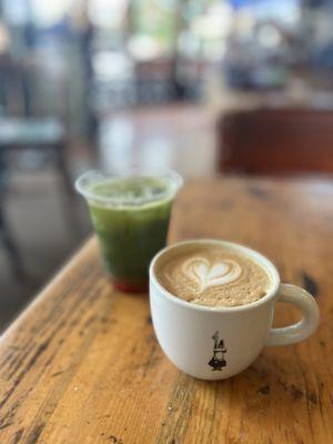 Morning cappy and a Strawberry Fields matcha lemonade. Deeelish!