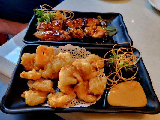 Delicious apps. Rock shrimp and Chiken Skewers