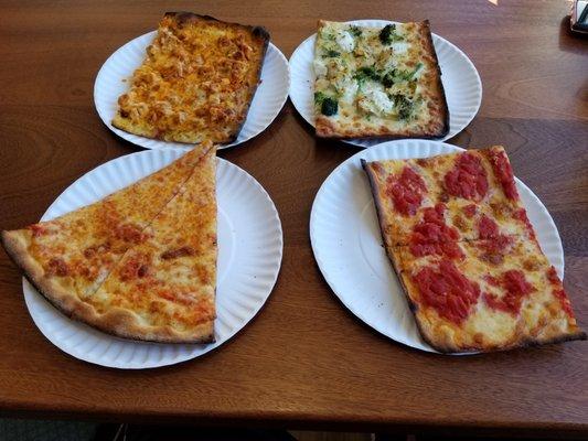 Top left & clockwise: BUFFALO:Mozzarella,chicken,buffalo sauce BIANCO :Mozzarella,Ricotta,broccoli,artichoke TOMATO PIE:Square thin crust,l