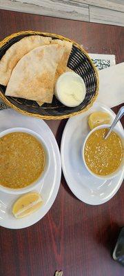 Lemon lentil soup and pita bread with garlic dip