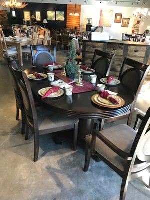 Dining tables, dishes, and placemats are often available.