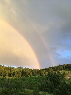 Double rainbow behind Douglas Fir woods of Infinity Cemetery