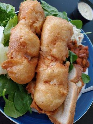 Beer battered cod. BIG pieces, thick batter, flavorful.