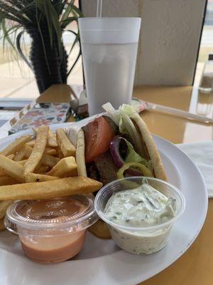 Gyro Sandwich with tzatziki sauce and Fries