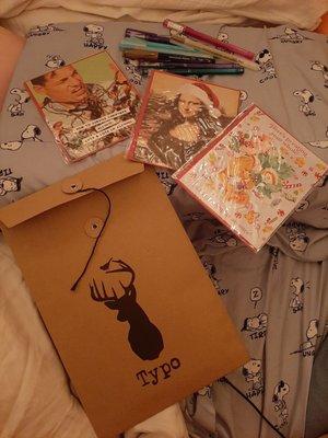 Bought funny cards and pretty pens, staff gave me a cool file to keep them safe while I bring them home~