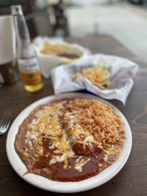 Combo #1 One Enchilada, One Crunchy Taco, Rice & Beans