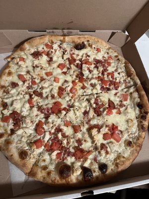 Chicken Bacon Ranch pizza...with diced tomatoes for some reason?