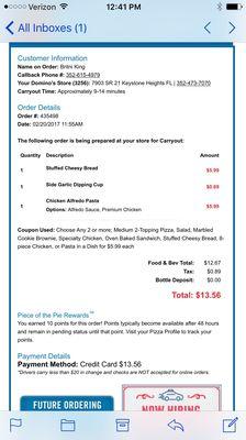 This is the order that Keystone Heights Dominos apparently never received, but was mysteriously picked up...