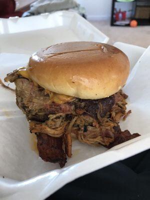 The Pittmaster Club. 1/2lb of pulled pork, 1/2lb of smoked pulled chicken, bacon and cheese. AfreakingMazing!!