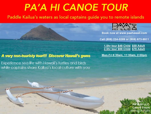 Come join us along east O'ahu's pristine coastline and discover remote offshore islands by touring in an authentic Hawaiian Canoe!