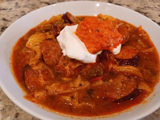 So, I made a cabbage, potato and sausage soup and used both the Homes andouille sausage and their kielbasa.