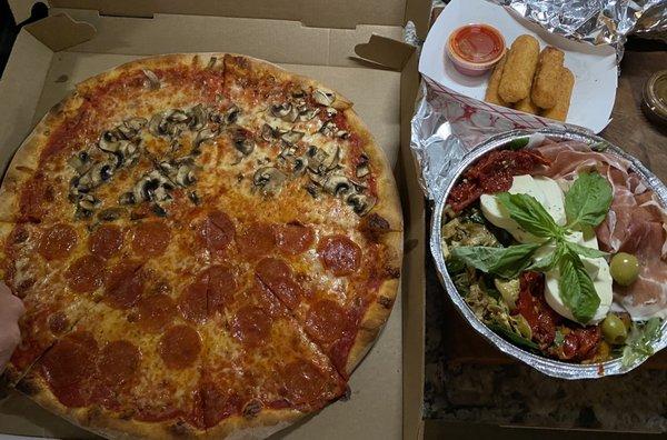 Half pepperoni, half mushroom pie, mozz stix & antipasto Italiano appetizer (try this one instead of the regular antipasto!)