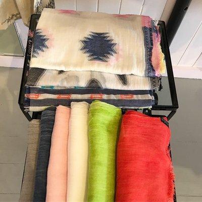 We always have a wonderful selection of scarves/ shawls in Cottons, Linen, Cashmere ..