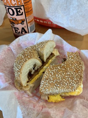 Bagel sandwich, sausage was a bit spicy which gave it great flavor.