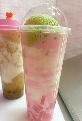 Pink Milk Tea w/Matcha (Lychee added)