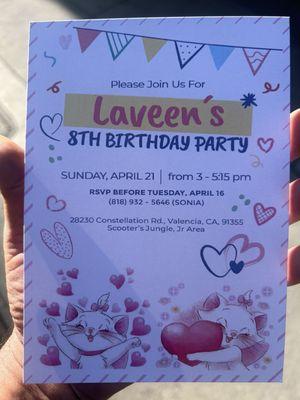 My daughter 8Th Birthday Party invitation