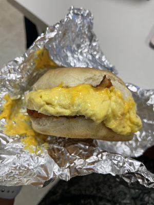 Bacon, egg, and cheese breakfast sandwich with hashbrown