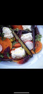 Burrata Salad, roasty carrots & squash, blood orange, basil-carrot top pesto