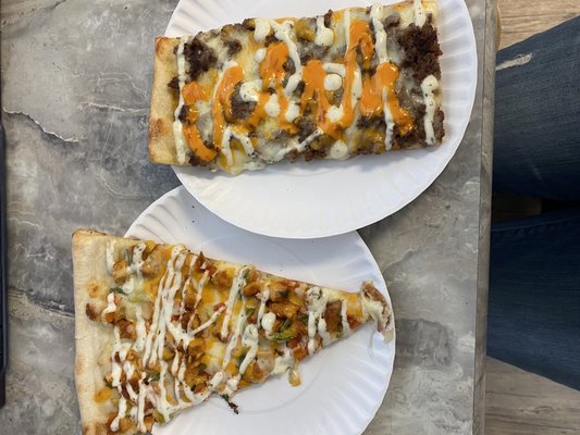 Specialty Pizzas- Chicken Fajita and Meat/Cheese slice