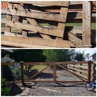 Top photos is old heavy gate doors, bottom photo new gate and panel.