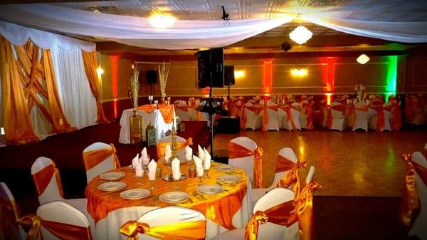 Grand ballroom, seating for 250 guests. Decorating done by the ballroom.