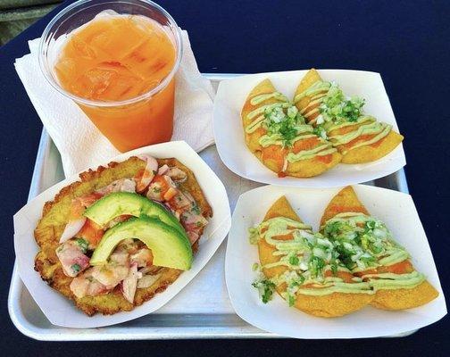 Colombian empanadas and a fried plantain with ceviche. Gluten free! And dairy free.