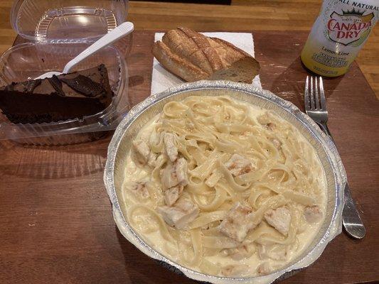 Fettuccine Alfredo with grilled chicken and chocolate moose cake.