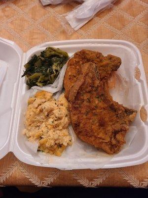 Pork Chops Collard Greens and Mac n Cheese