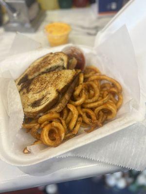 Patty melt with curly fries