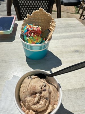 Mocha almond fudge and Superman with rainbow sprinkles in a waffle bowl.