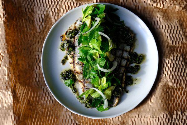 GRILLED BRANZINO with chimichurri, homemade pickles with rice and salad