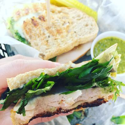 Thickly sliced turkey, Brie cheese, greens, apple slices, and fig jam on Tuscan what bread with a side of pesto. Delicious.