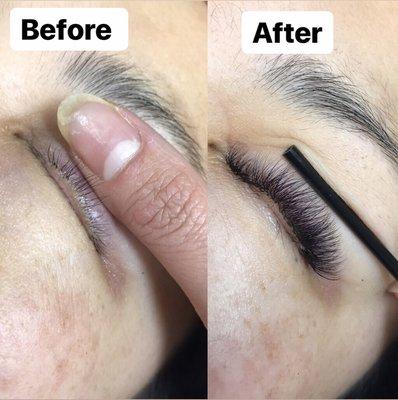 Volume extensions is perfect for clients with sparse natural lashes.