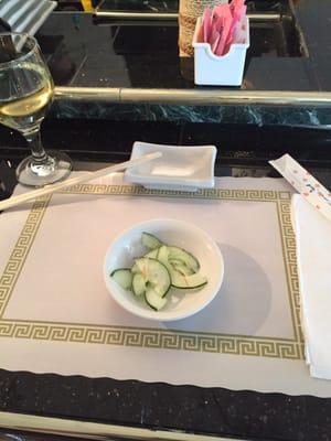 Small cucumber salad served before your order is taken. Primes the palate for sushi.