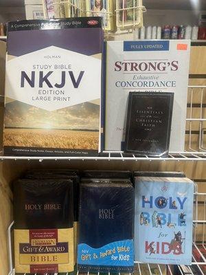 We carry deference types of the bible such as KJV, NKJV, Gift and Award bibles, children's bibles, NIV bibles, and strong concordance. Etc.