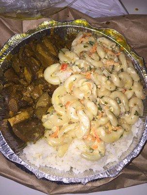 My favorite order Curry Goat, White Rice & Macaroni Salad