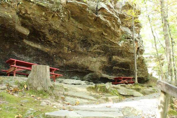 Picnic area under an overhanging rock at Natural Bridge near Clinton, AR