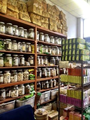 The East wall of the store is full of dried roots, plants, and all kinds of medicinal teas. It's stacked floor to ceiling!