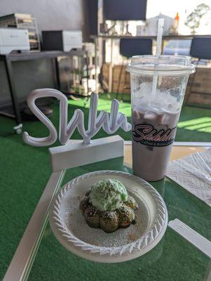 Taro milk tea and matcha mochi donut with pistachio ice cream