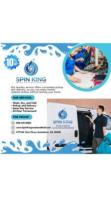 Spin King Wash-Dry-Fold
Residential and Commercial 
Tailored solutions for businesses of all sizes, including restaurants, hotels, salons,