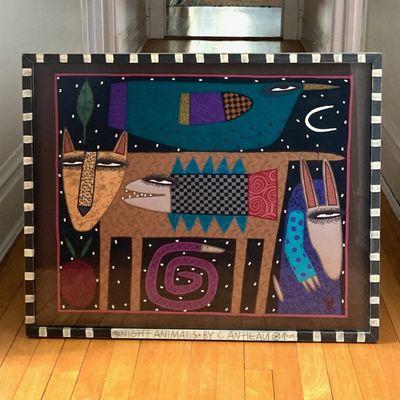 ca.1990s Chris Roberts Antieau, New Orleans, "Night Animals" embroidered tapestry painting in 31x25 artist striped frame