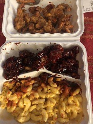 Super dry Cajun shrimp, honey chicken, Mac and cheese.